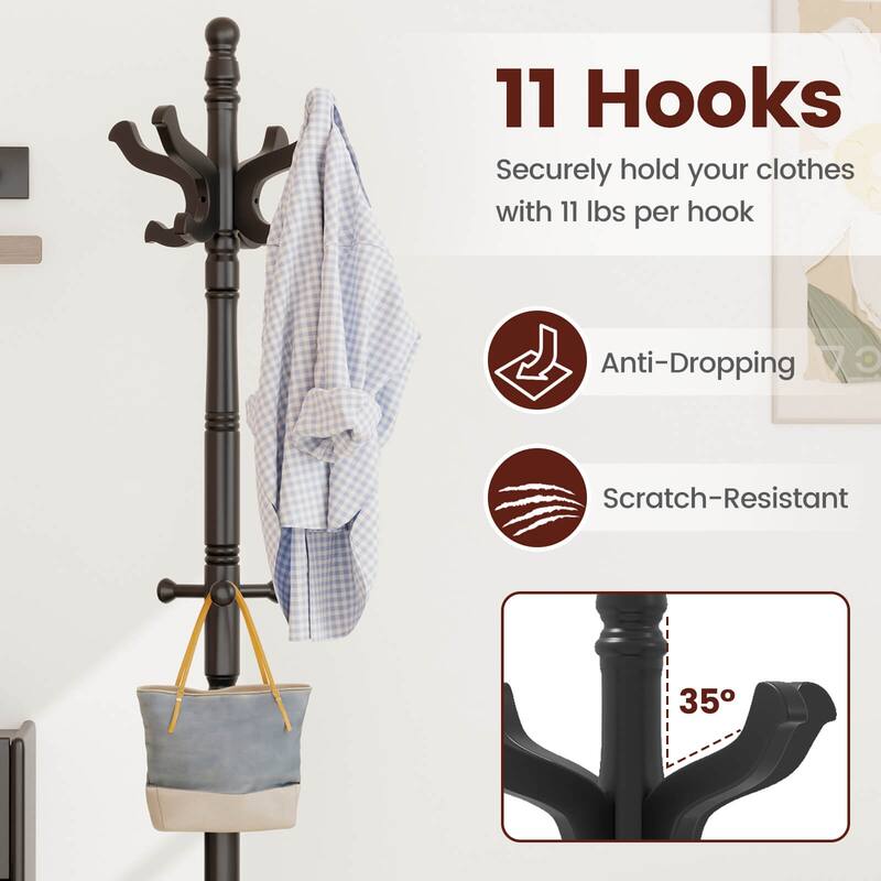Costway Solid Rubber Wood Coat Rack with 3 Adjustable Heights and 11 - See Details