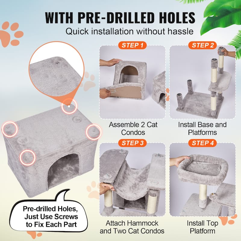Cat Tree for Indoor Cats, 72" Cat Tower with 2 Cat Condos, Sisal Scratching Post, Hammock, Top Perch, Jumping Platforms