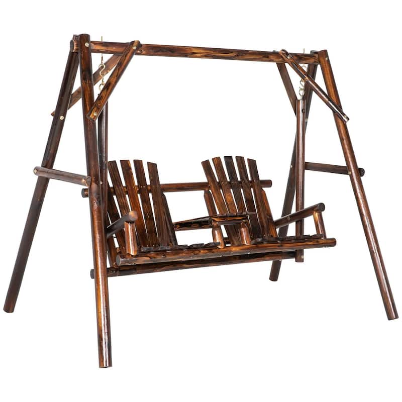 Wooden Porch Swing with Stand, 2-Seat Patio Swing Chair with Table