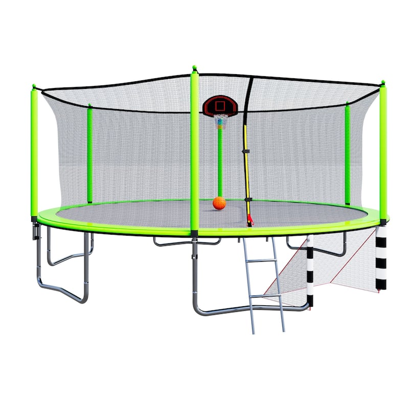 16FT Trampoline with Basketball Hoop pump and Ladder(Inner Safety Enclosure) with soccer goal Green - Green