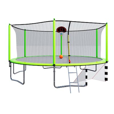 16FT Trampoline with Basketball Hoop pump and Ladder(Inner Safety Enclosure) with soccer goal Green