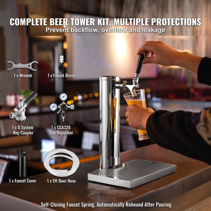 Kegerator Tower Kit, Beer Conversion Kit, Stainless Steel Keg Beer Tower Dispenser with Dual Gauge CGA320 Regulator