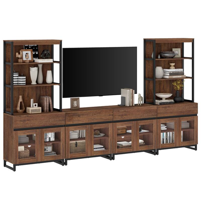 Modern TV Stand with 3 Tiers Bookshelf,Wooden Media TV Console with Glass Doors for Living Room