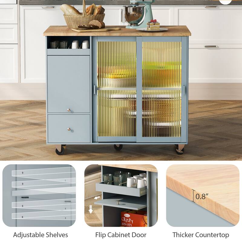Rolling Kitchen Cart with LED Light, Fluted Glass Doors, Drop Leaf Top, and Adjustable Storage (White)