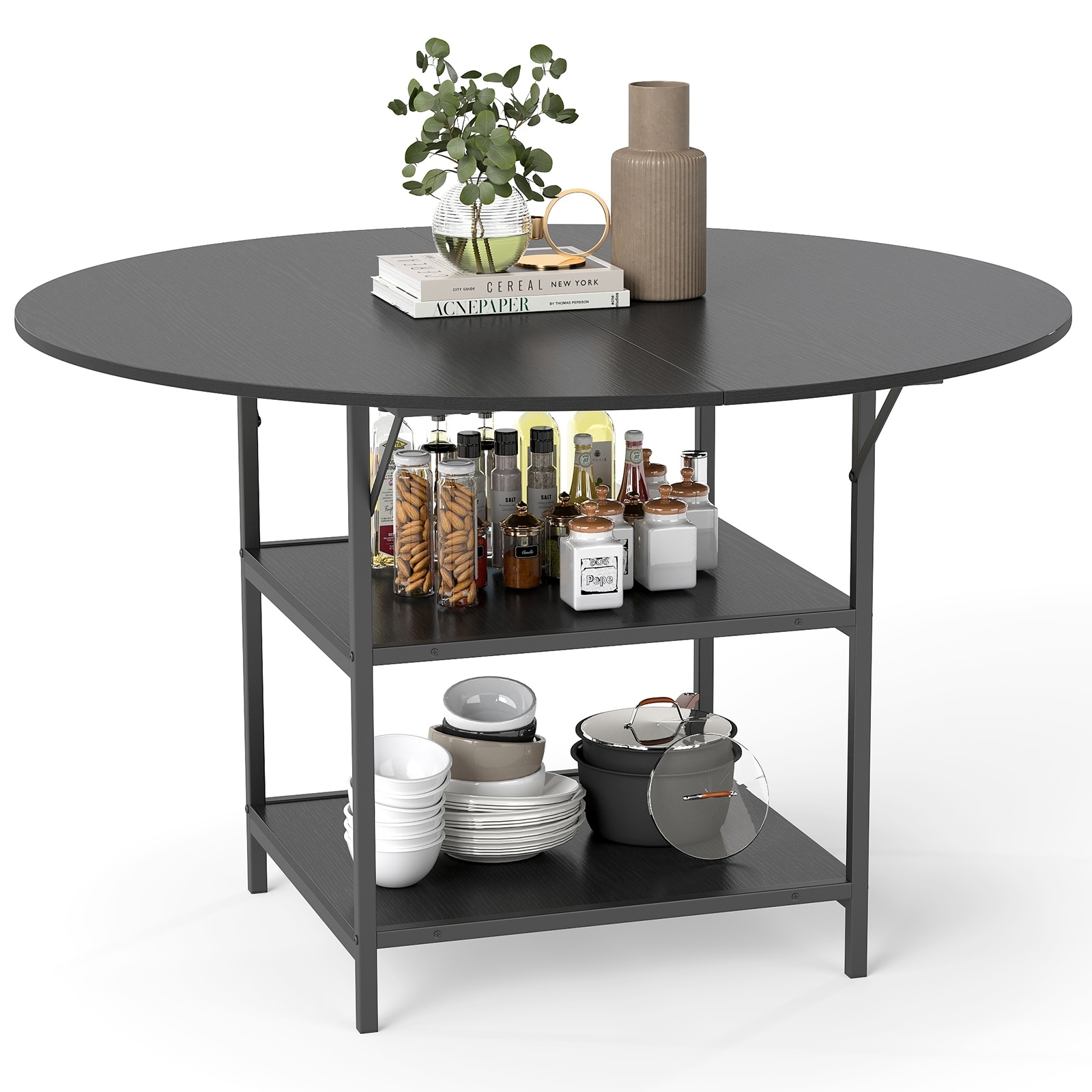 Gymax 47'' Round Dining Table for w/2-Tier Storage Shelves &