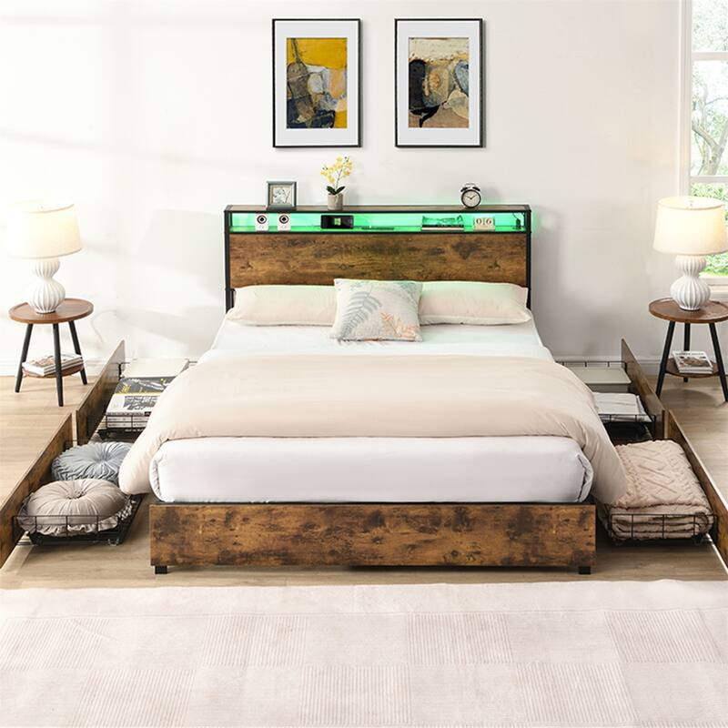 Queen/Full Size Bed Frame,Storage Headboard with Charging Station