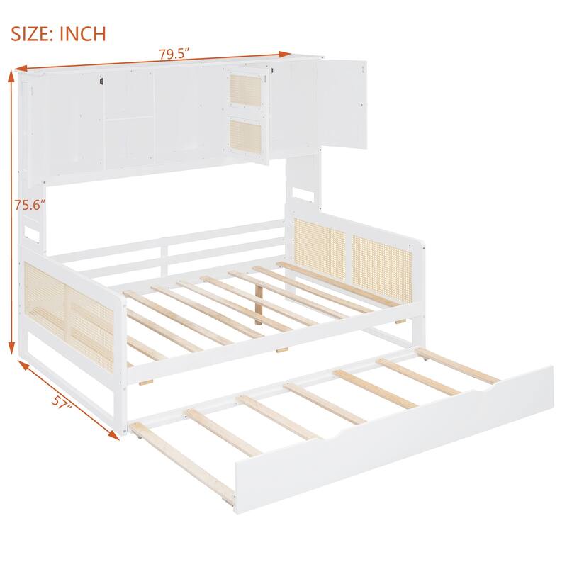 Wood Full Size Daybed with Built-In Storage Cabinet, Shelves & Twin Trundle, Rattan Accent, No Box Spring Needed
