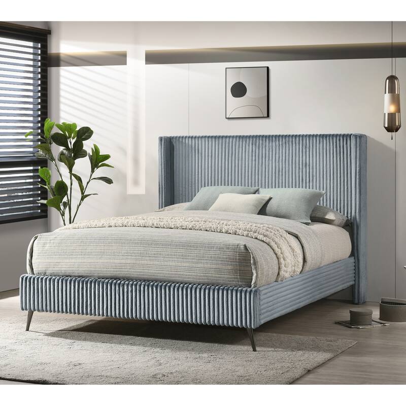 King Size Upholstered Panel Bed with Wide Wale Corduroy Fabric, Elegant Wingback Headboard, Modern Design - Queen Blue - Queen