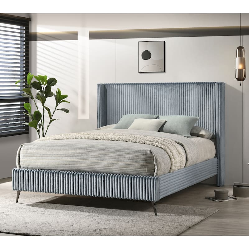 Mavela Wide Wale Corduroy Upholstery Panel Queen Bed, Blue