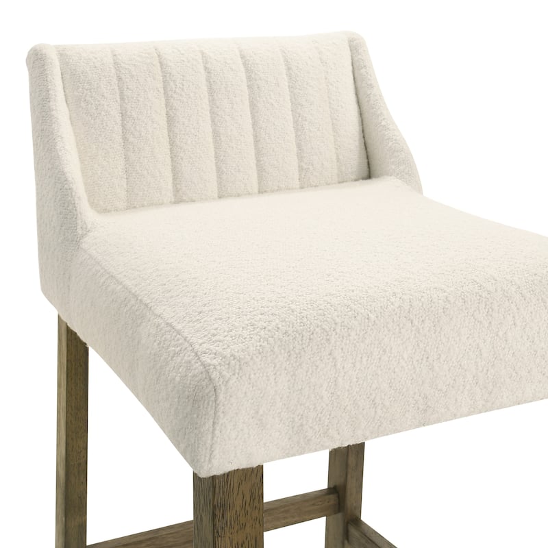 Fauna Low-Back Boucle Bar Stool, Upholstered Counter Height Kitchen Barstool with Wood Legs