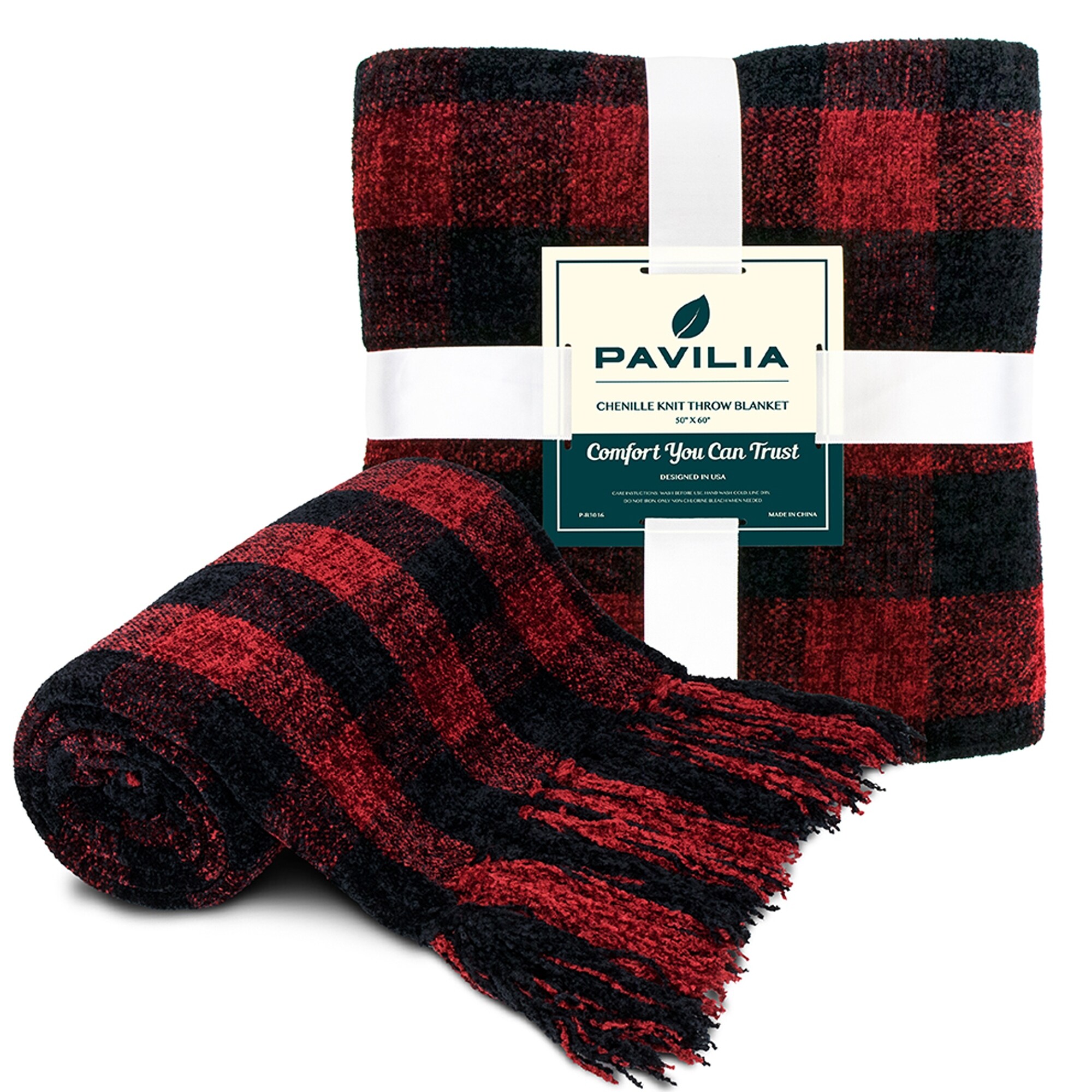 Chenille Knitted Throw Blanket Plaid Red Black 50 x 60