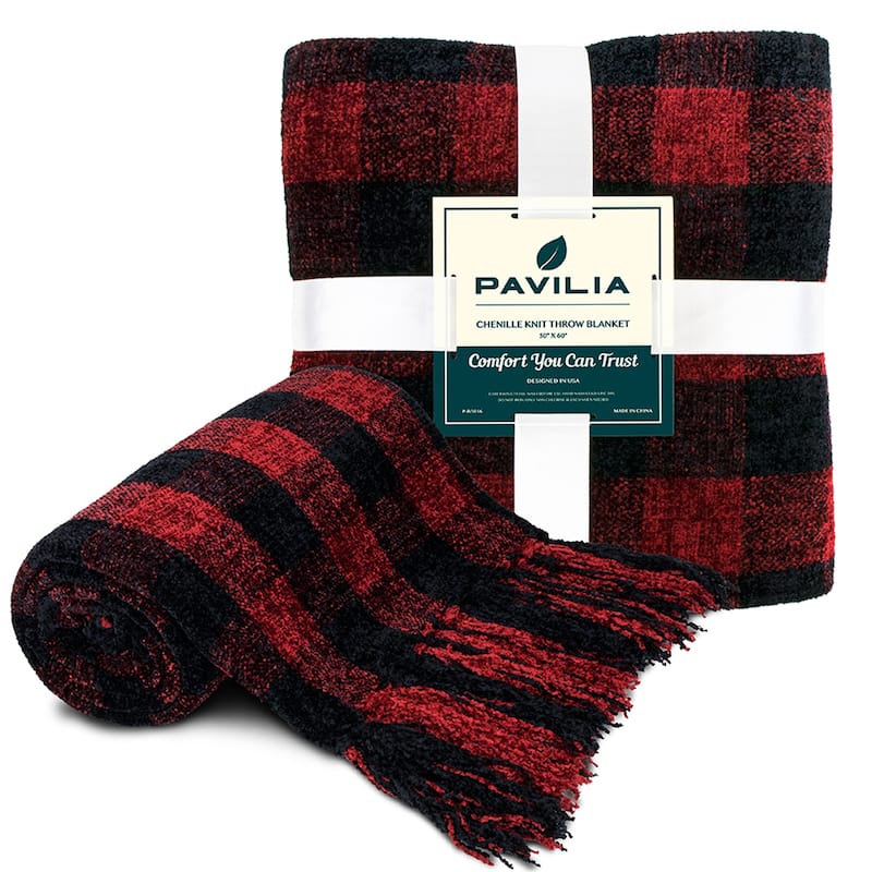 Chenille Knitted Throw Blanket Plaid Red/Black - Bed Bath & Beyond ...