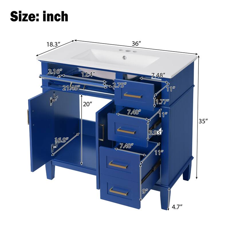 36" Blue Modern Bathroom Vanity with Ceramic Sink, Soft Close Doors, 4 Drawers for Storage, Elegant Design for Small Bathrooms