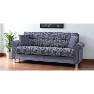HomeRoots 89" Gray Chenille Convertible Futon Sleeper Sofa And Toss Pillows With Storage
