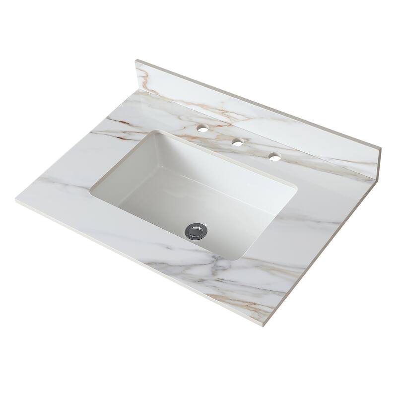31 Inch Marble Vanity Top,Bathroom Vanity Top with Undermount Rectangular Middle Sink and 4 Inch Height Backsplash