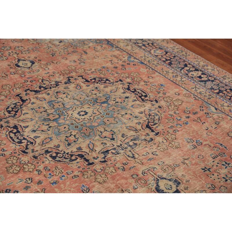Medallion Pink Mashad Persian Vintage Area Rug Handmade Wool Carpet - 6'5" x 9'4"