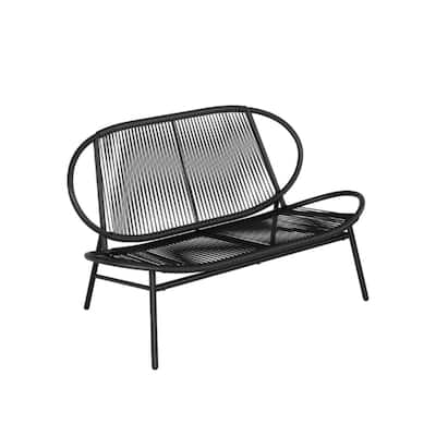Ink Black Poly Rattan Steel Patio Bench with Adjustable Feet and Anti-Slip Pads - 27.6"D x 54.5"W x 31.2"H