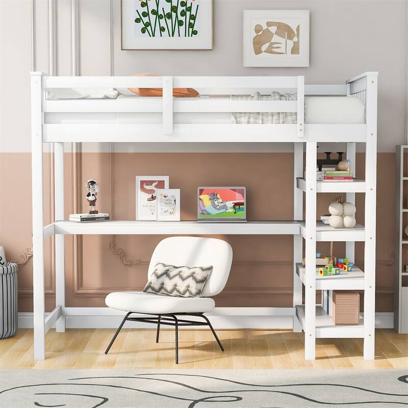 Merax Loft Bed with Storage Shelves and Under-bed Desk - White - Twin