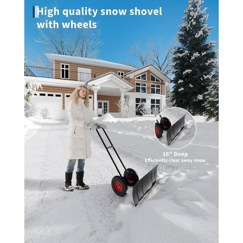 29* 16.54 in Heavy Duty Snow Shovel with Wheels for Easy Driveway and Pavement Clearing