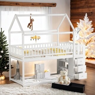 Charming Twin over Twin House Bunk Bed with Roof, Shelves, and Drawers, Sturdy Pine Wood Construction, Space-Saving for Kids