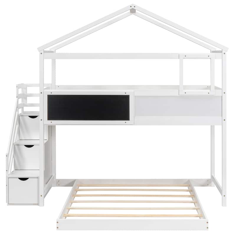 Twin over Full House Bunk Bed with Storage Staircase and Blackboard,Gray(Old SKU: GX001701AAE)
