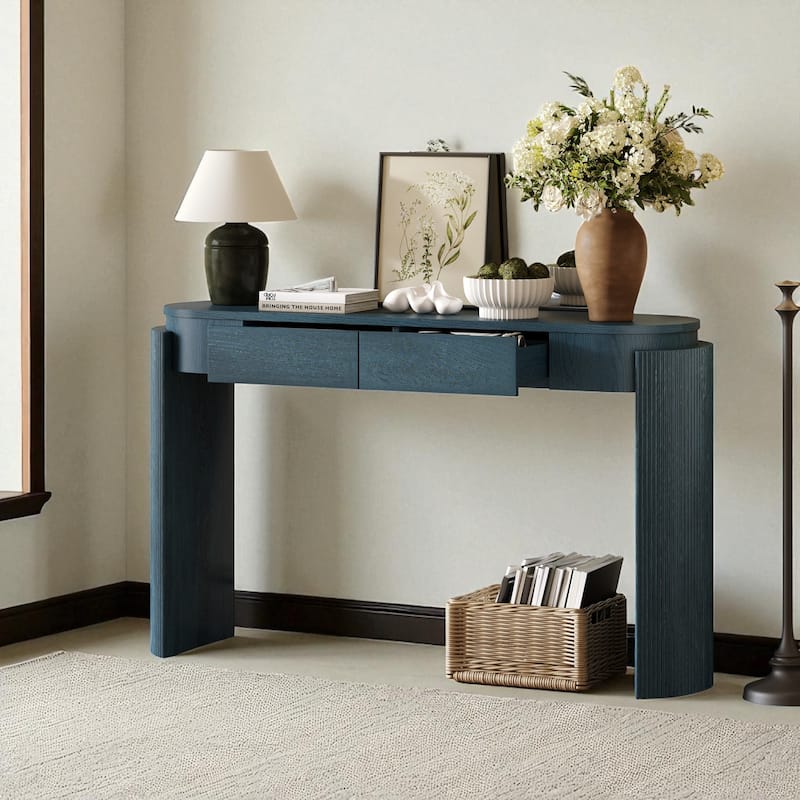 Rustic Oval Console Table with Fluted Design, 55" Entryway Accent Table with 2 Drawers and Curved Legs - Navy