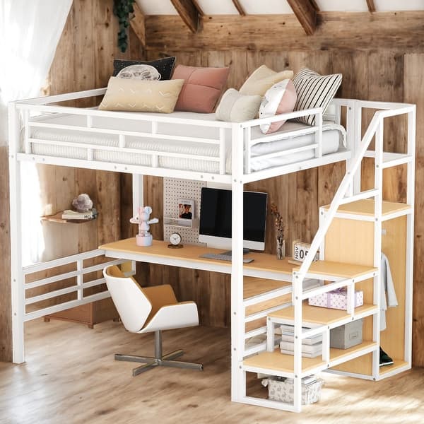 slide 2 of 14, Modern Full Size Loft Bed With Desk,Storage Staircase And Small Wardrobe for Bedroom White