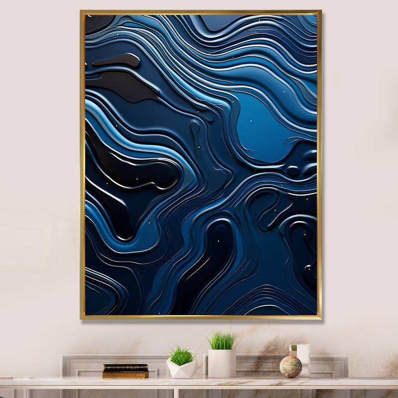 Designart "Dreamy Blue Ristretto Reverie " Abstract Shapes Framed Canvas Art Print - 34 in. wide x 44 in. high - Gold
