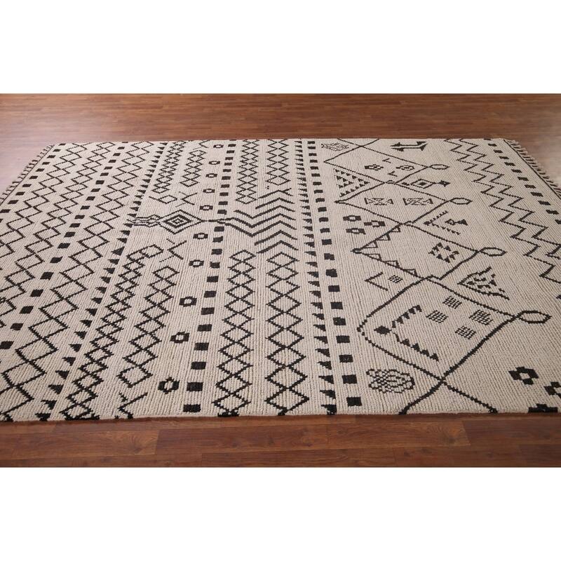 Ivory Trellis Moroccan Area Rug Hand-Knotted Wool Carpet - 7'0"x 10'4"
