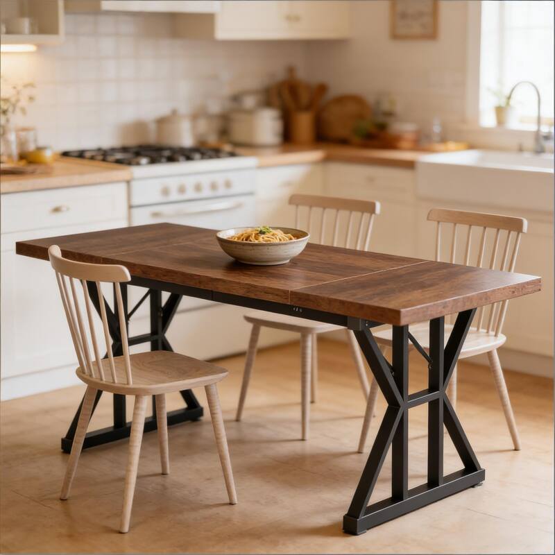Farmhouse Dining Table Trestle Base Metal Accents Seats 6 Versatile Use