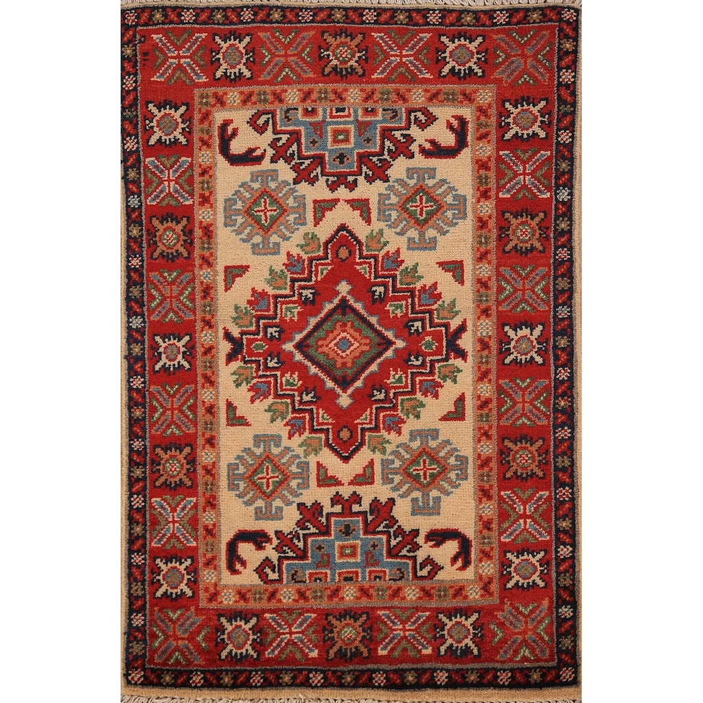Geometric Kazak Accent Rug Hand-Knotted Wool Carpet - 2'0" x 3'0"