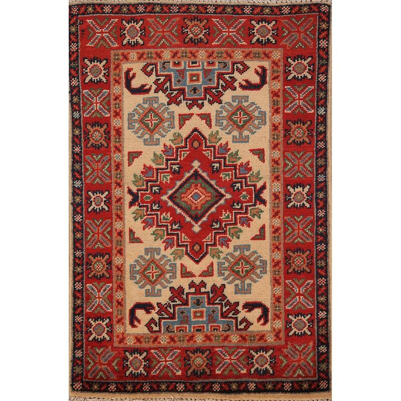 Geometric Kazak Accent Rug Hand-Knotted Wool Carpet - 2'0" x 3'0"