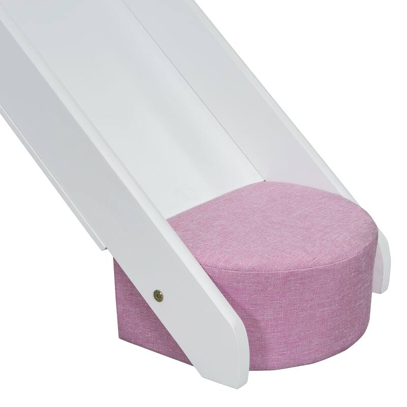 Twin Size Wooden Loft Bed with House-Shaped Frame, Tent, Slide, and Storage, White and Pink