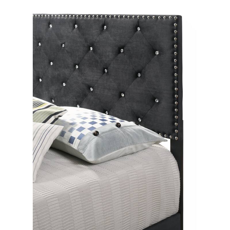 Black Velvet Platform Bed with Nailhead Trim, Queen Size