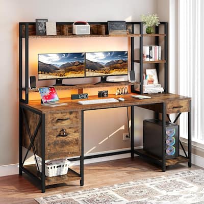 Moasis 59 Inch Computer Gaming Desk with Hutch and Bookshelf Home Office Desks with 3 Drawers