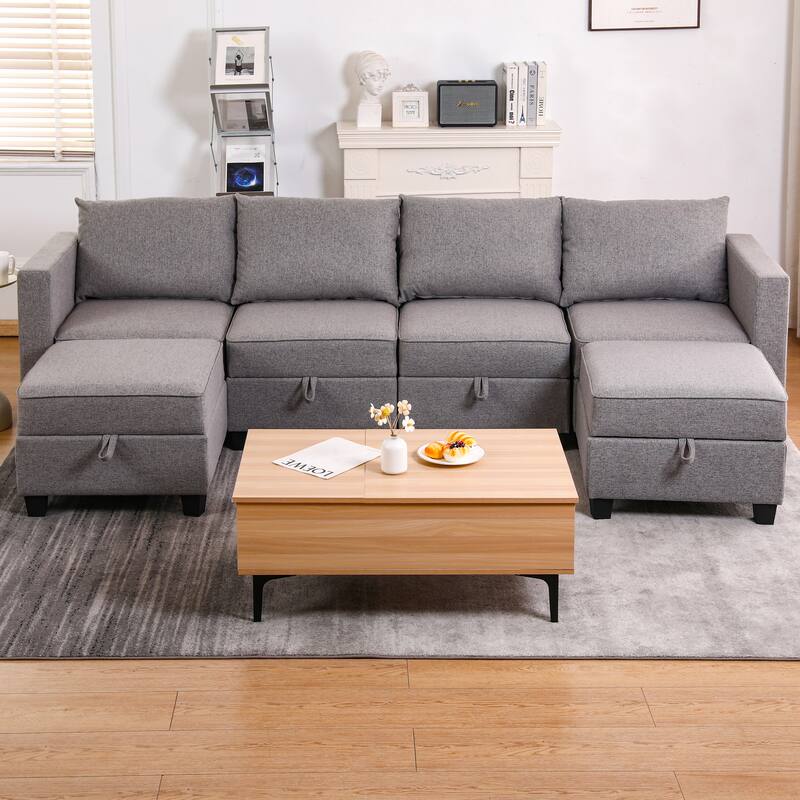 110.3" Burlap U-Shaped Modular Sectional Sofa with Sleeper & Storage