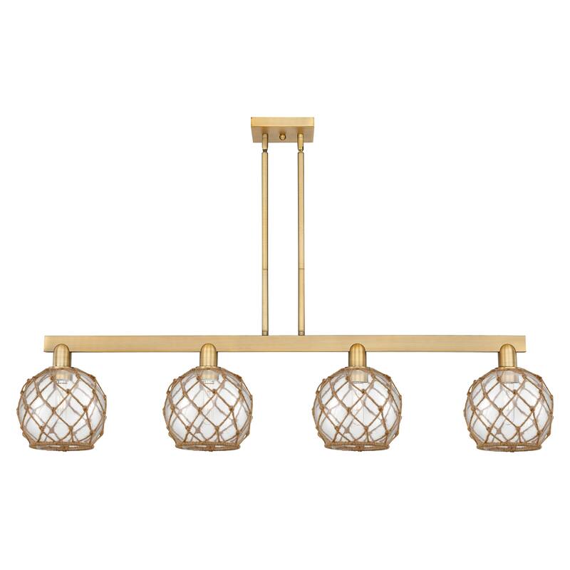 Innovations Lighting Endless Possibilities Arcadia - Farmhouse Rope - 4 Light 51" Stem Hung Island Light - Brushed Brass/Clear Glass with Brown Rope