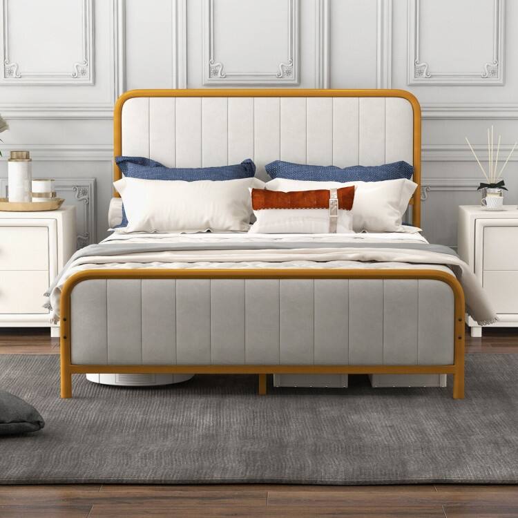Upholstered Gold Platform Bed Frame with Velvet Headboard