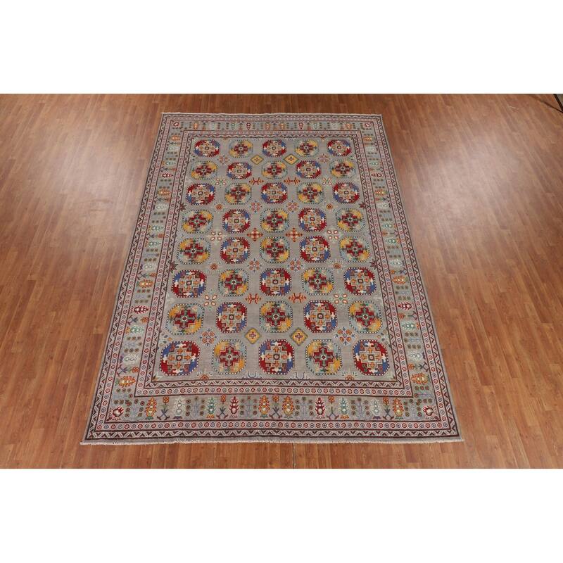 All-Over Gray Kazak Oriental Area Rug Hand-Knotted Wool Carpet - 8'5" x 11'9"