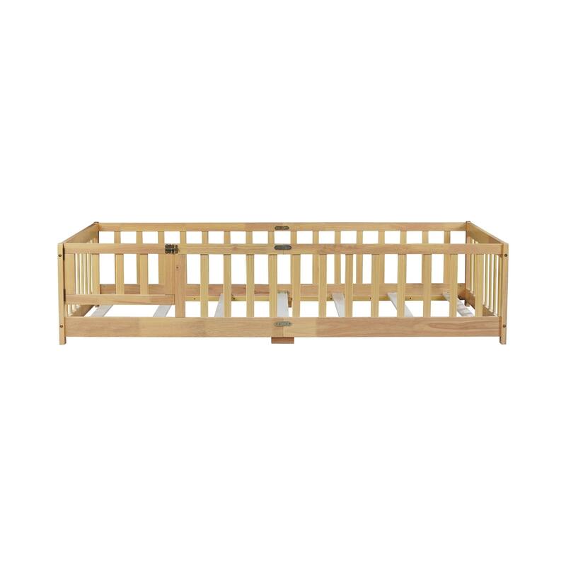 Twin Size Floor Bed with Fence and Door,Rubber Wood Floor Bed with Safety Guardrails