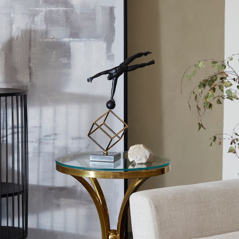 Black Marble Gymnast Decorative Sculpture with Gold Cube Base - Black