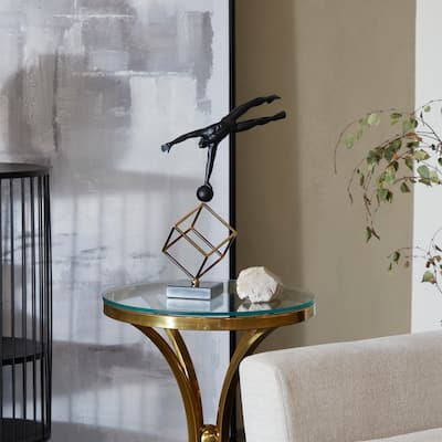 Black Marble Gymnast Decorative Sculpture with Gold Cube Base
