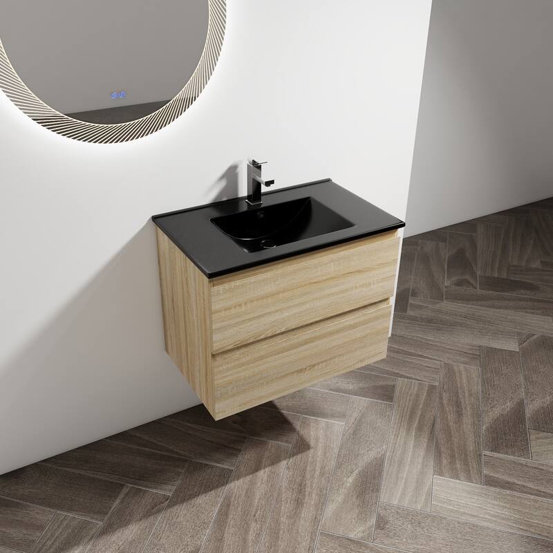 Modern Floating 30-Inch Bathroom Vanity with Black Ceramic Sink, Soft-Close Drawers, Plywood Base - 30in L Plywood