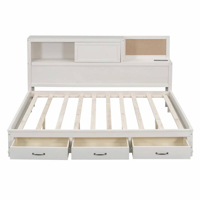 Wooden Daybed with Storage Drawers, Soft Board, Shelf, Sockets, USB Ports