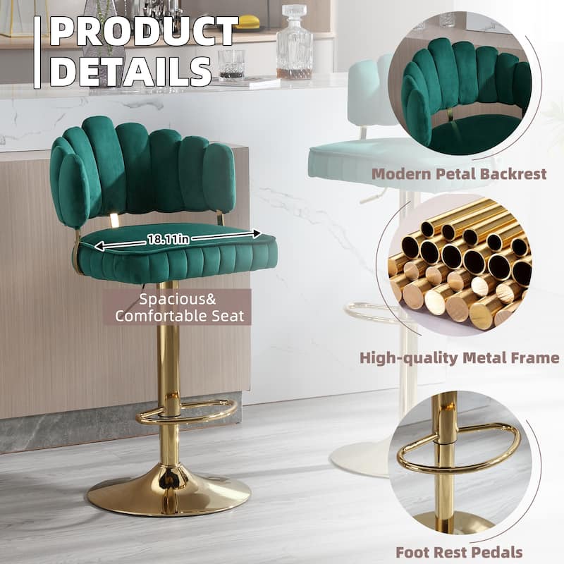 HOMEFUN Velvet Swivel Adjustable Height Scallop Bar Stools With Footrest(set of 2)