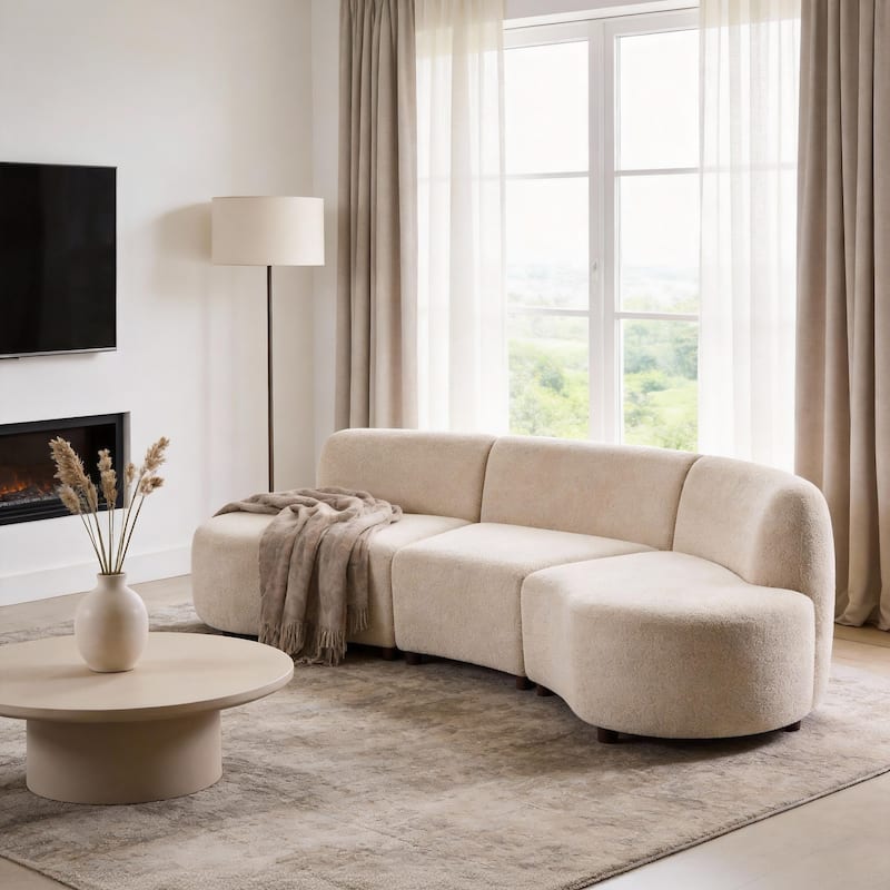 Christopher Knight Home - 110-Inch Cloud Moderne Upholstered Curved Modular Sectional Sofa Boucle Armless - Beige+Walnut