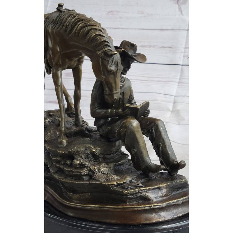 Cowboy Reading A Book With Horse Bronze Metal Western Sculpture Statue Remington Decor 11 Inches X 13 Inches