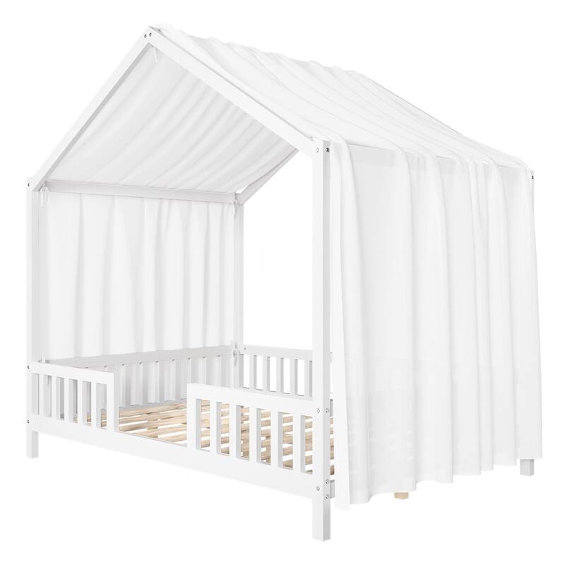 Montessori Bed, House-shape Frame Platform Bed for Kids Toddler, Wood House Daybed with High Railings and Roof, Canopy Bed Frame
