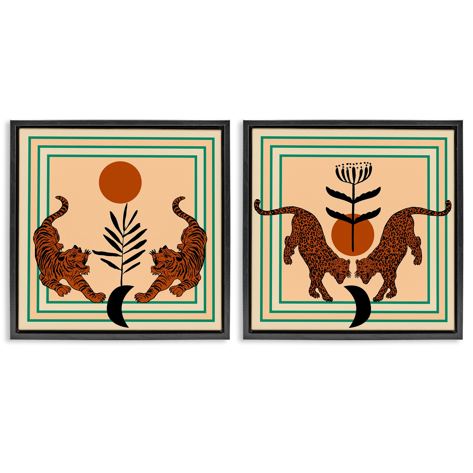 Stupell Boho Symmetrical Wild Cats Framed Floater Canvas Wall Art Design By Melissa Wang (Set of 2)