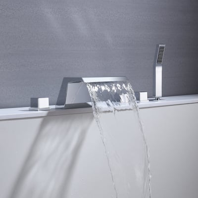 Waterfall Tub Filler Bathtub Faucet chrome 5-Hole 3-Handle Solid Brass Bathroom Bath Tub Faucets - 9'6" x 13'6"